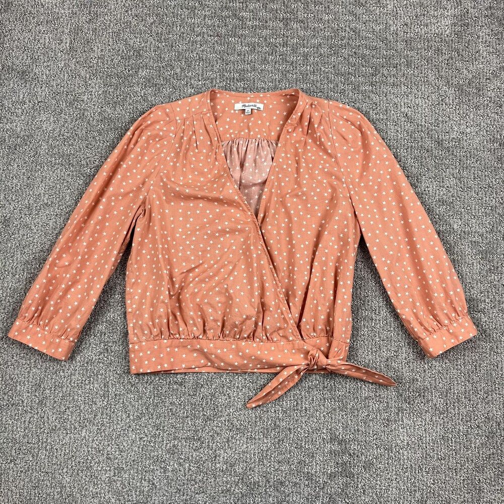 Madewell Shirt Womens XS Peach Star Print Wrap Tie Waist 3/4 Sleeve Style G7804